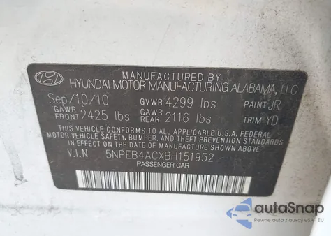 2011 Hyundai Sonata Gls z USA, uszkodzony, nr VIN 5NPEB4ACXBH151952